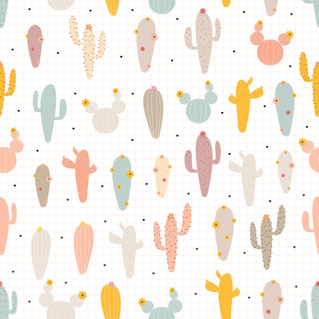 Hand drawn cute seamless pattern Repeat the background with the cactus and square grid. Modern vector design Used for gift wrap, textiles, vector illustrations. Free Vector