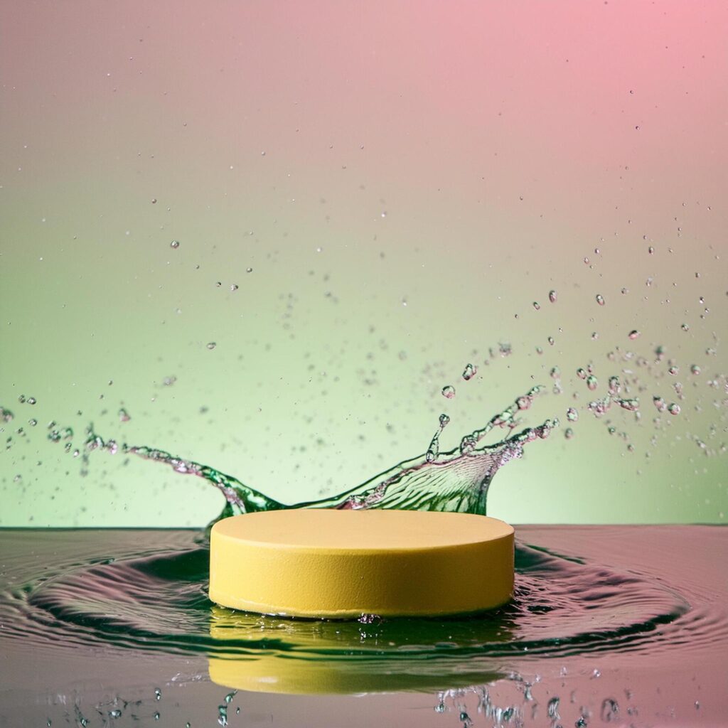 empty yellow podium mockup with water splash on a gradient background for product display Stock Free