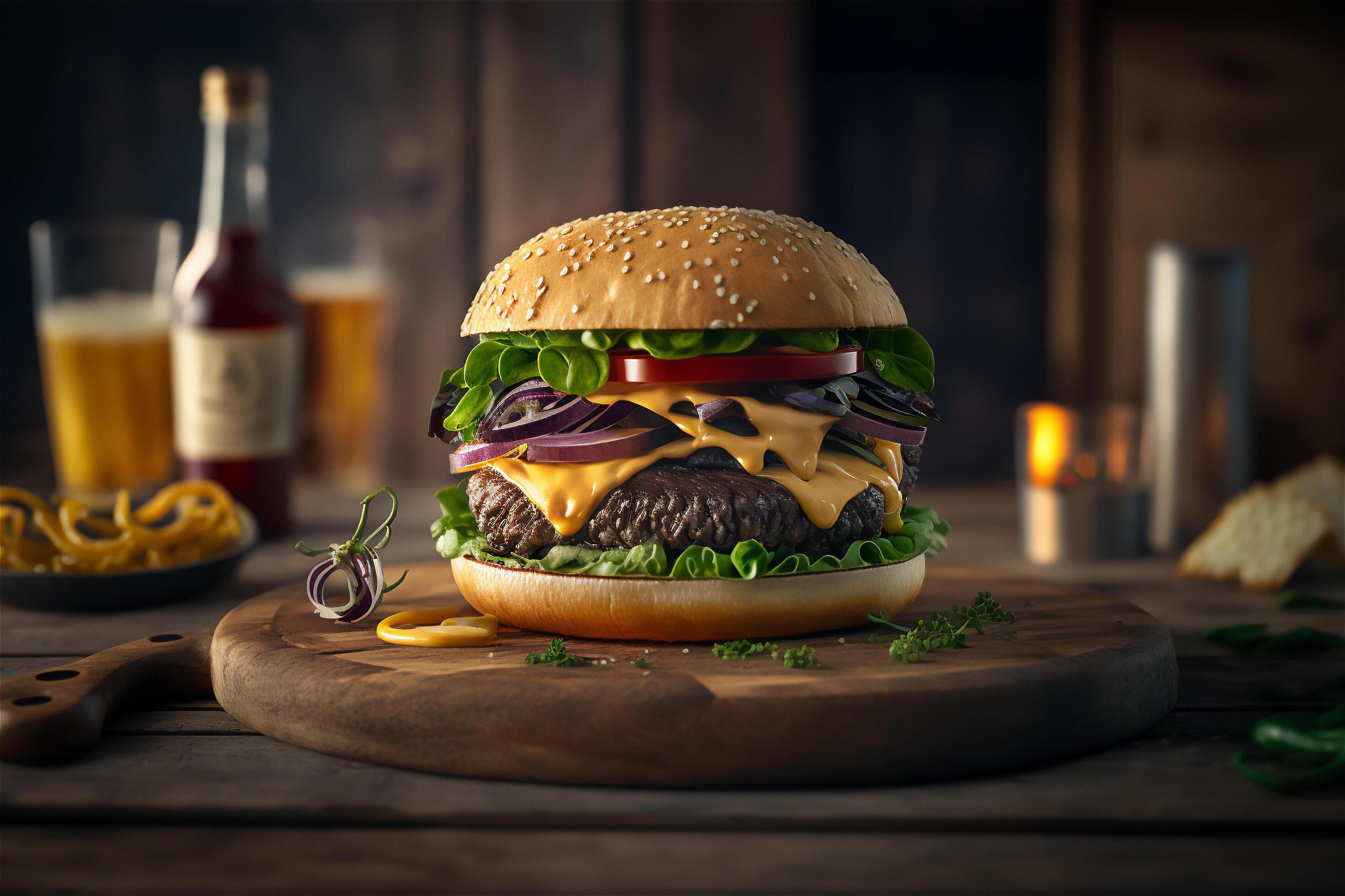 Tasty homemade hamburger on rustic wooden table. Copy space. Advertising. . Fast food snack Stock Free