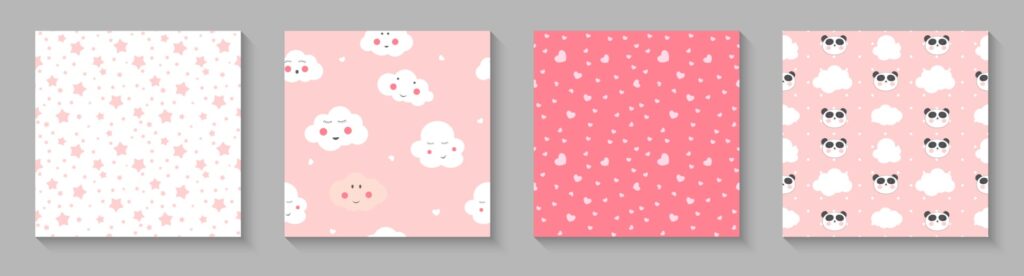 Cute child seamless pattern with panda hearts and clouds for card and shirt design Free Vector