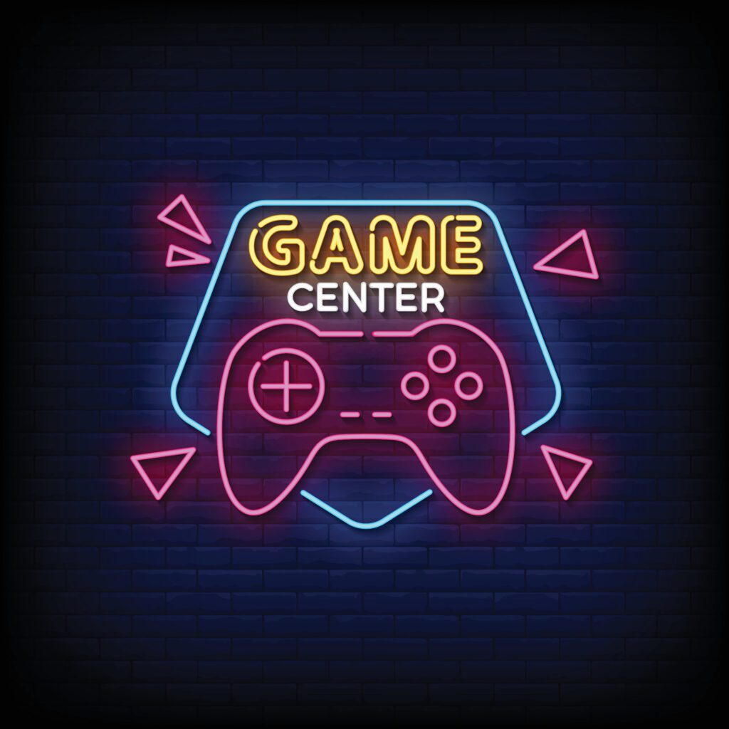 Neon Sign game center with brick wall background vector Free Vector