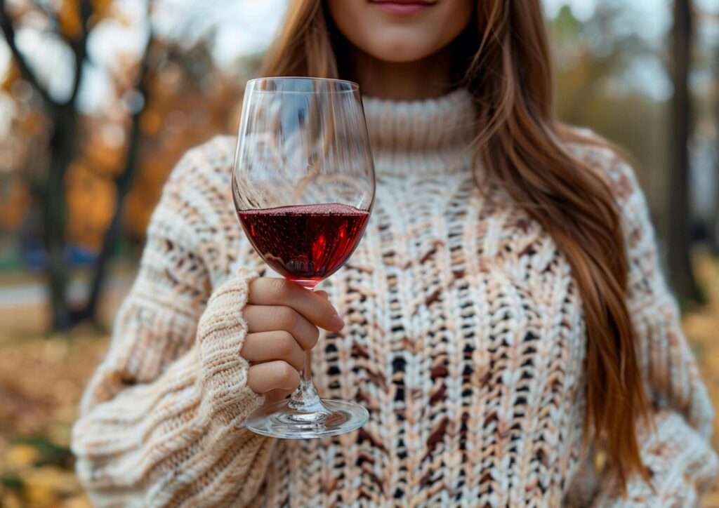 Woman holding red wine glass at Public park in autumn generated by AI. Free Photo