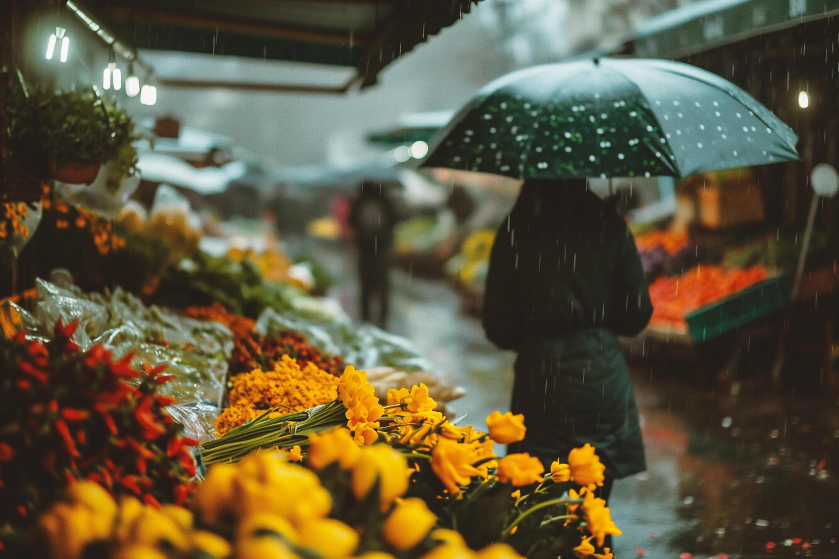 AI generated Woman walking in the street market with flowers and umbrellas. Stock Free