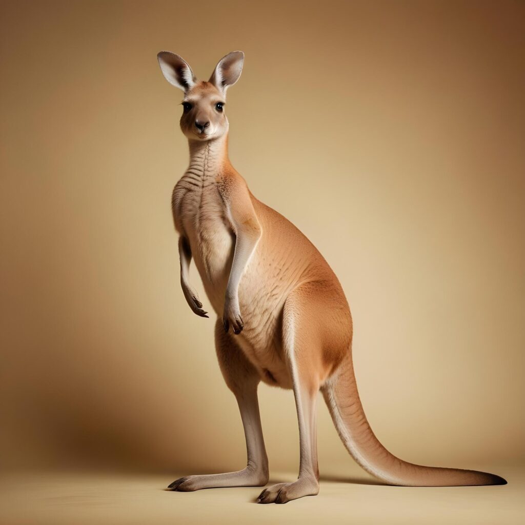 a kangaroo standing on its hind legs in front of a gray background Stock Free