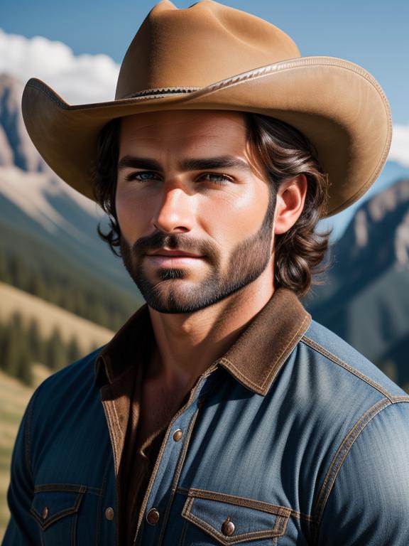 Handsome cowboy; brown hair; by @ai_generated