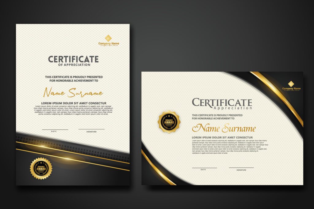 Luxury certificate template with glitter effect dan lines gold shine on frame background Free Vector