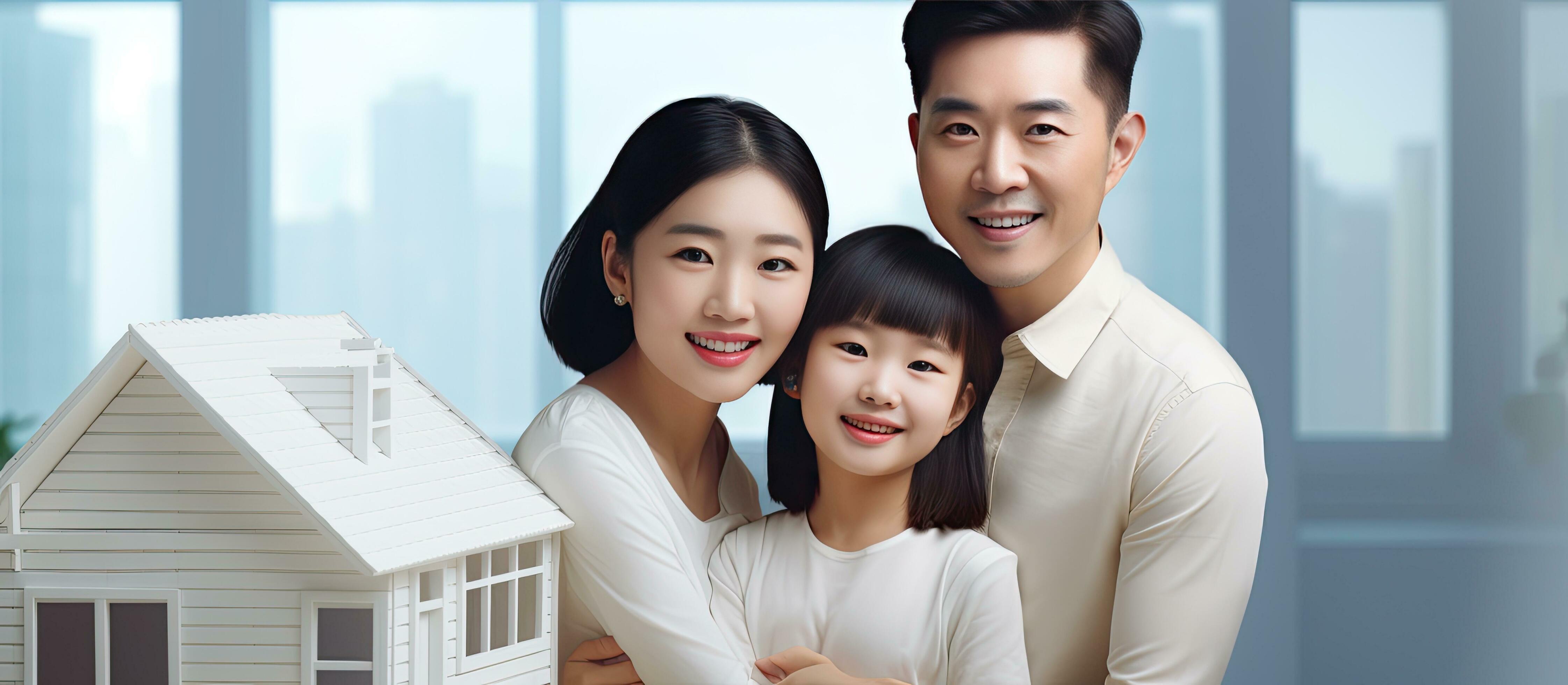 Asian family in new house with white plastic roof symbolizing new family housing with space for website banner Stock Free