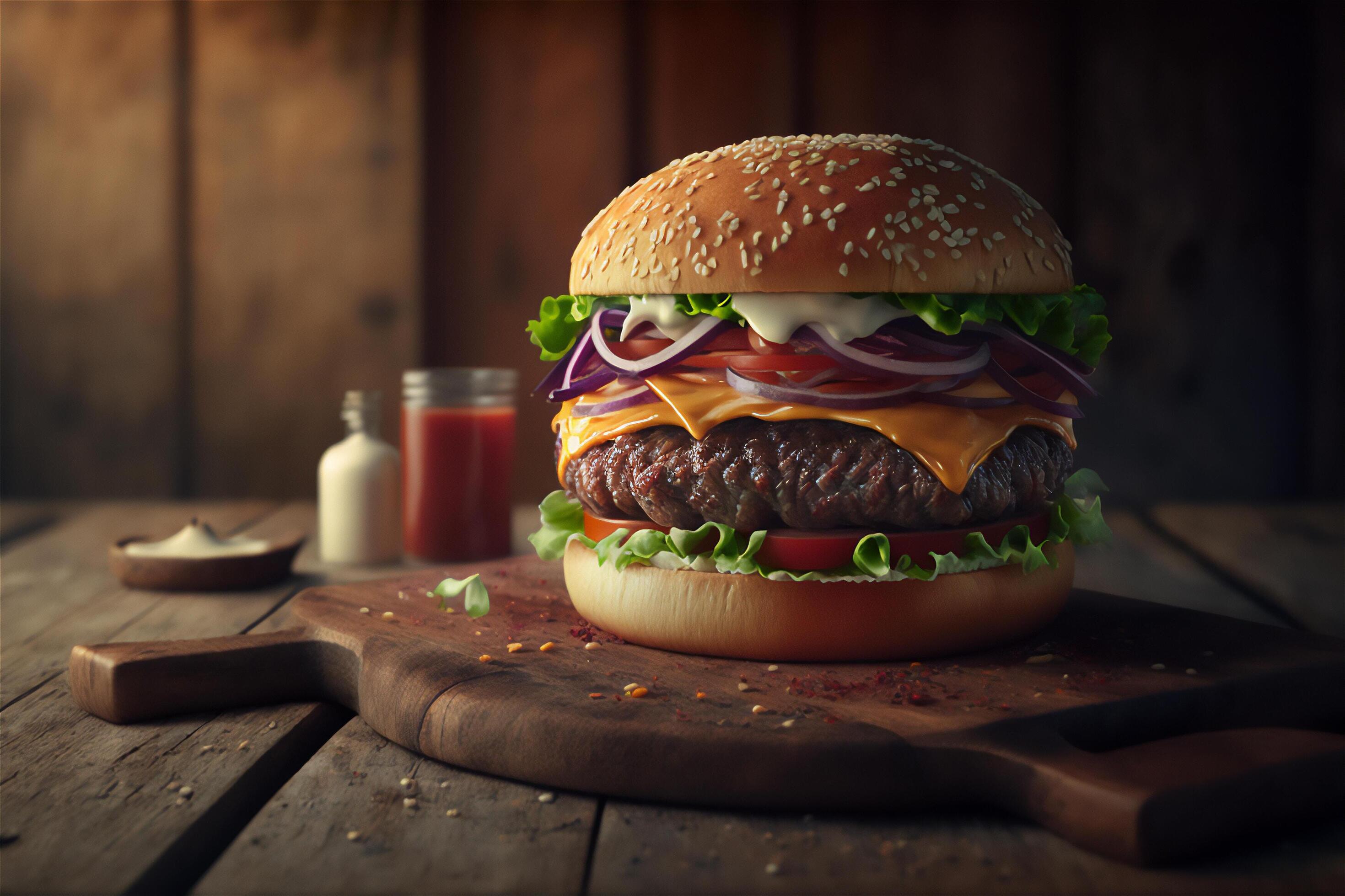 Tasty homemade hamburger on rustic wooden table. Copy space. Advertising. . Fast food snack Stock Free