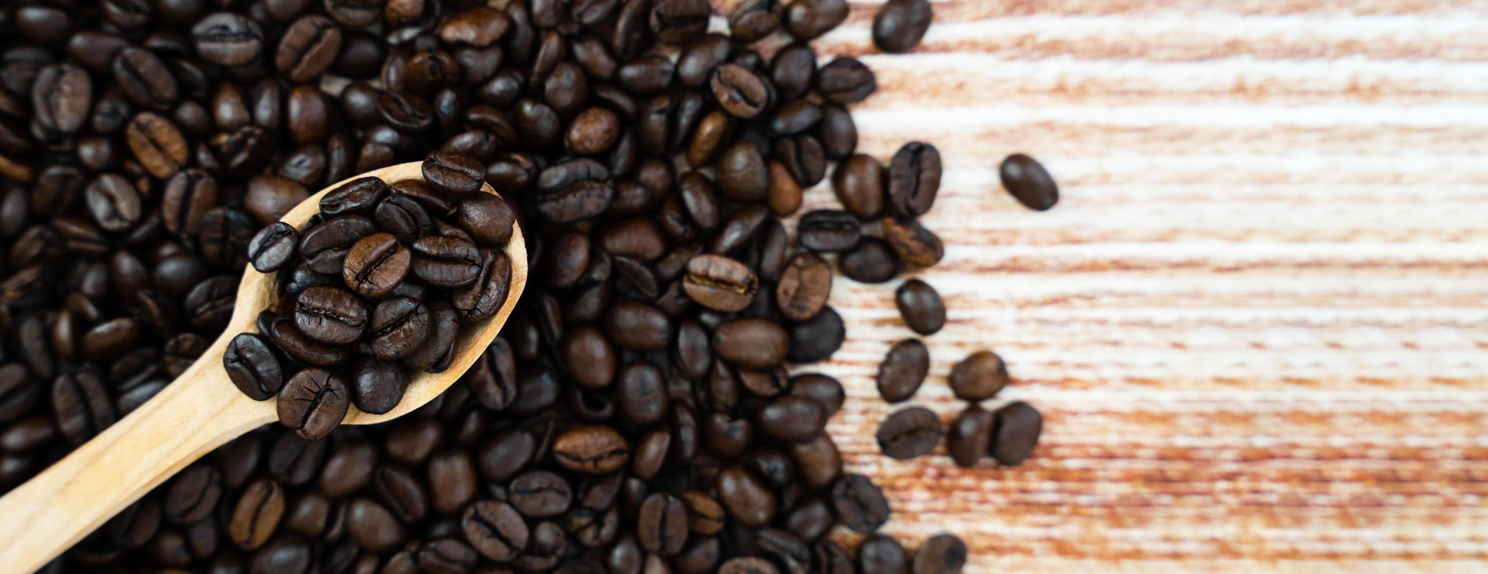 Aromatic natural coffee beans in a spoon on the background of coffee beans. Banner. Top view. Place for text. Selective focus. Stock Free