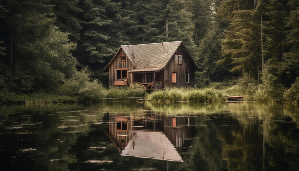 Rustic log cabin nestled in tranquil mountain landscape by pond generated by AI Stock Free