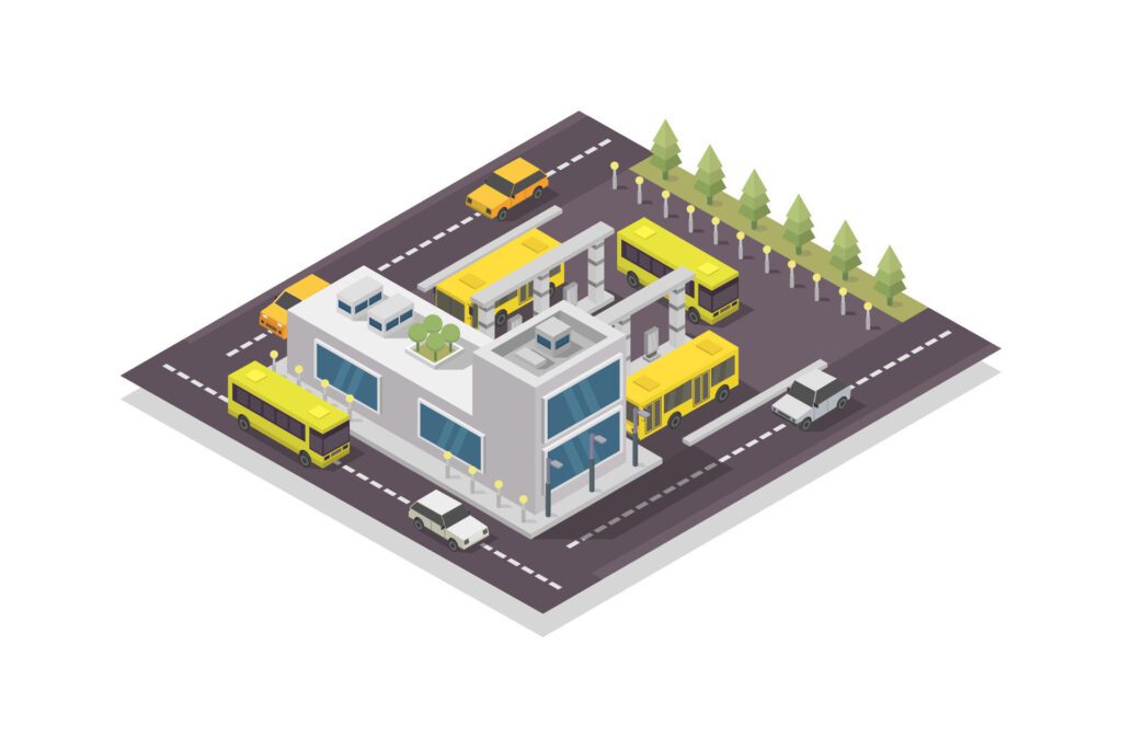 Isometric bus station on white background Free Vector