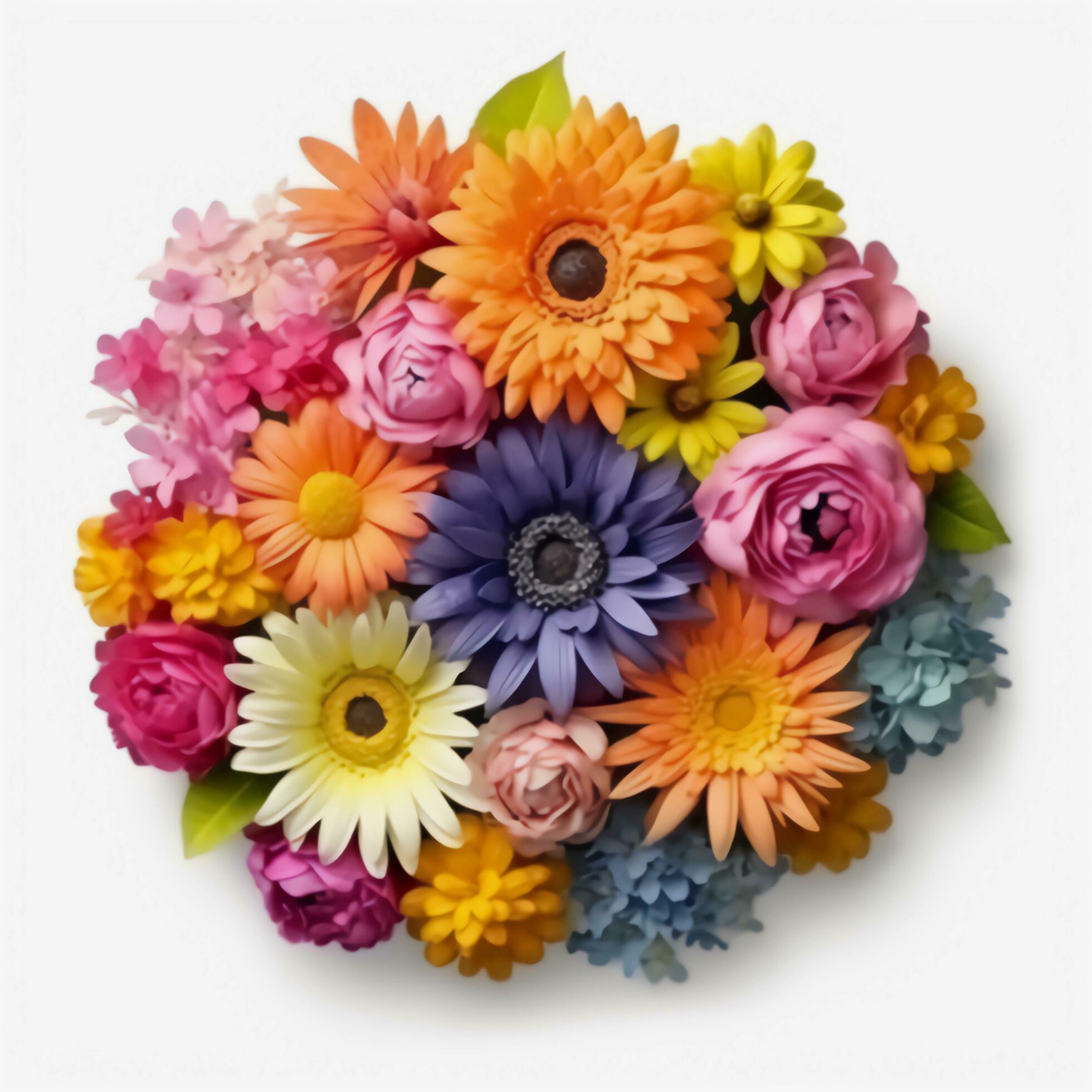 A top view of a bouquet of various colorful flowers. Isolated white background. AI Generated. Stock Free