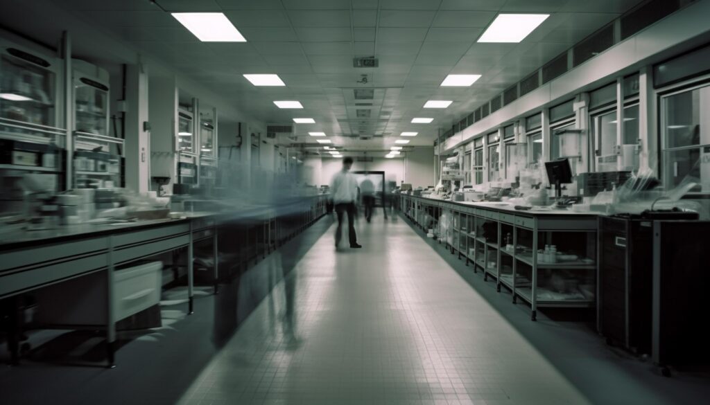 Men and women walking in a modern black and white corridor generated by AI Stock Free