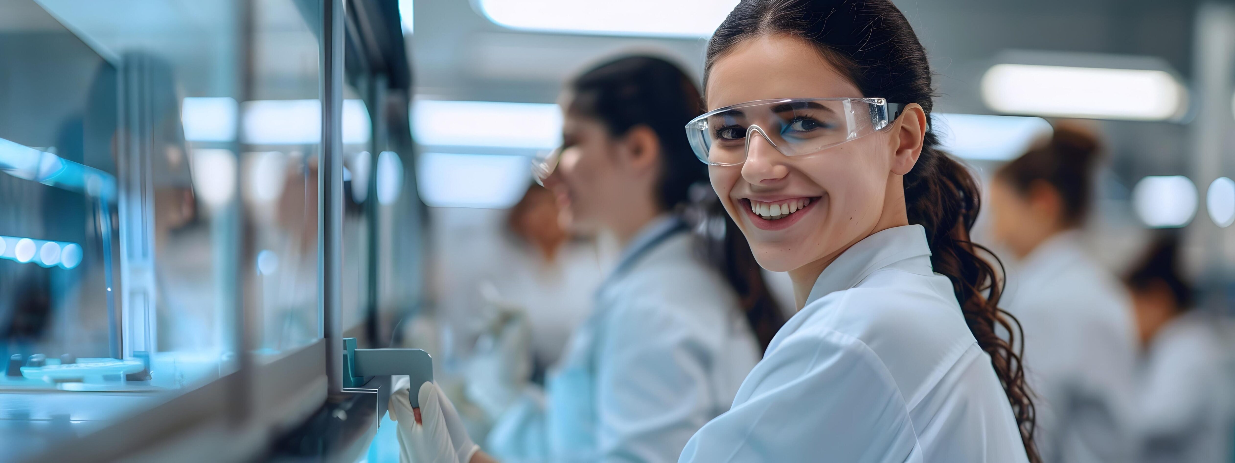 Happy Young Woman Performing Control in Medical Research Laboratory Stock Free