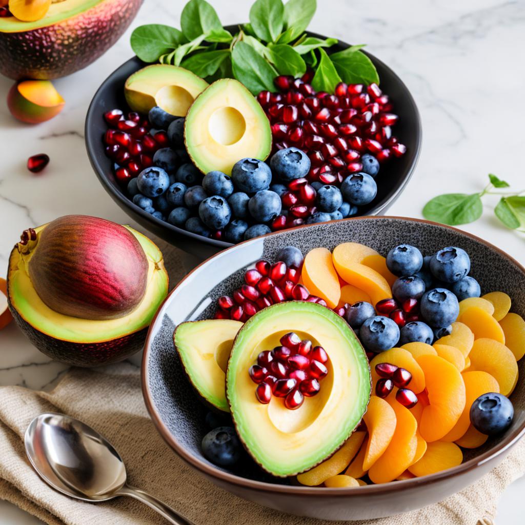 Avocados, pomegranates, apricots, blueberries by @ai_generated