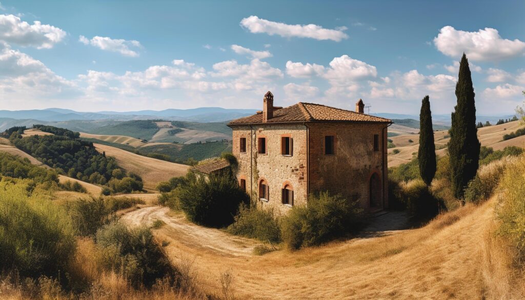 Rustic farmhouse in tranquil meadow, Chianti region Stock Free