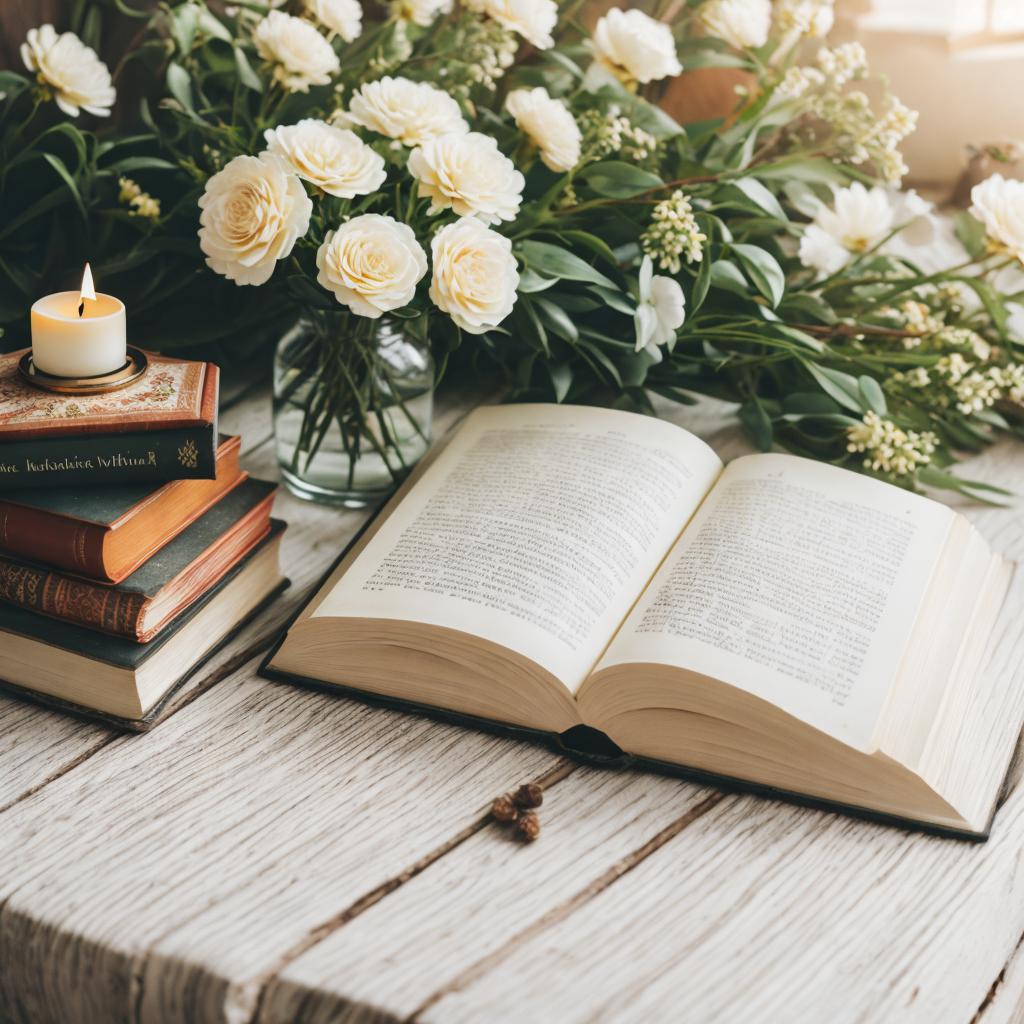 Books and flowers, candle, by @ai_generated