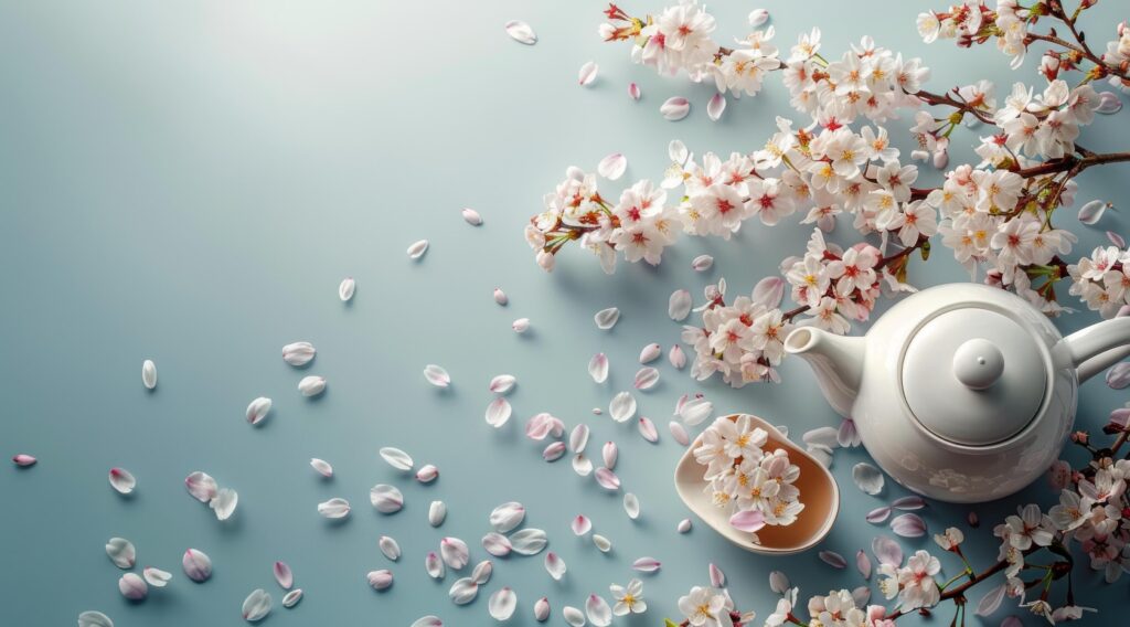 White Teapot and Cherry Blossom Petals on a Blue Background Stock Free