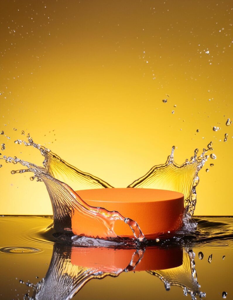 empty orange podium mockup with water splash on a gradient background for product display Stock Free