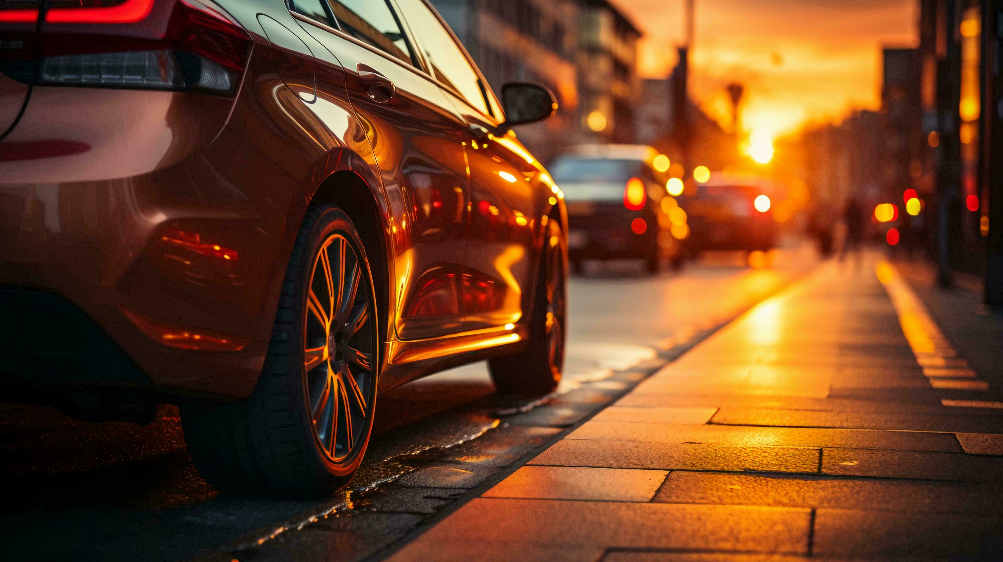 The car is parked on the side of the road at sunset. The concept of transport parking in a big city. AI generated Stock Free