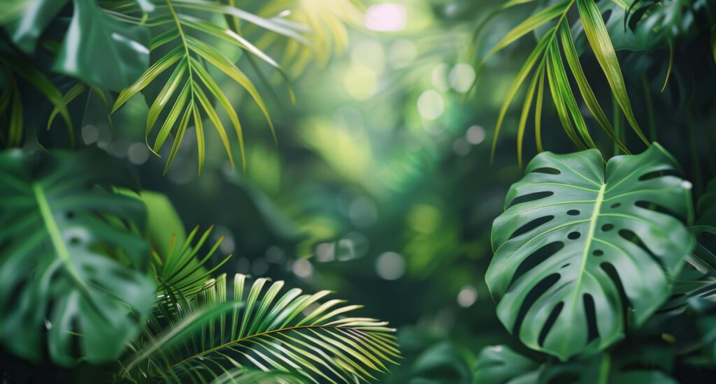 Lush Green Tropical Leaves With Blurred Background Stock Free