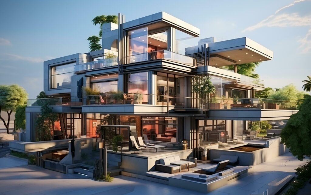 unique industrial architecture house in daylight, photo-realistic AI generative Stock Free