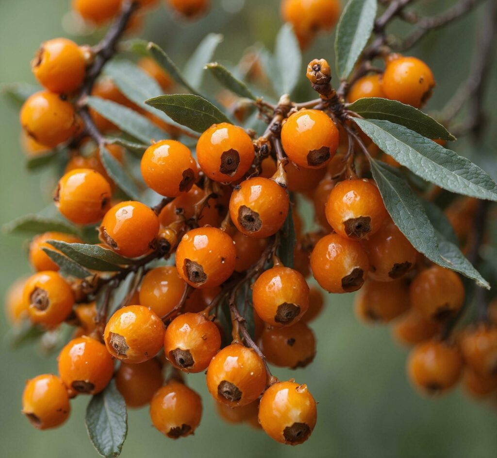 Sea buckthorn berries on a branch with green leaves in autumn Free Photo