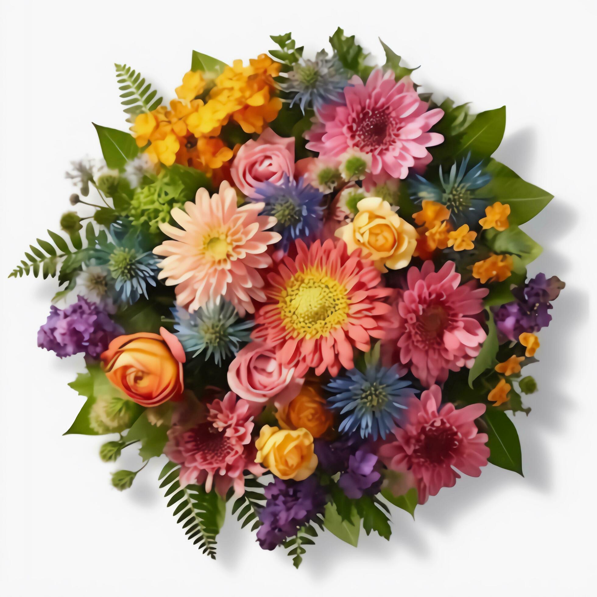 A top view of a bouquet of various colorful flowers. Isolated white background. AI Generated. Stock Free