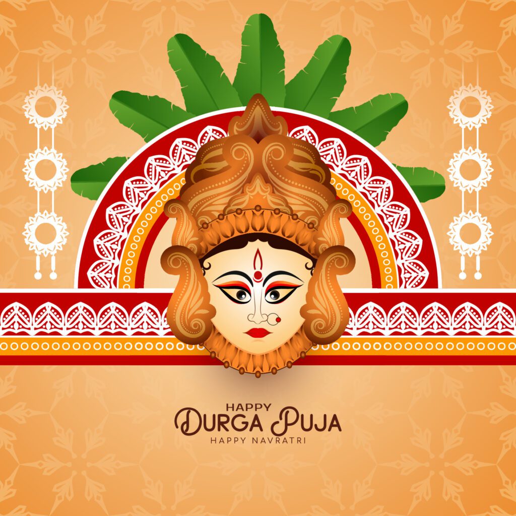 Durga Puja and Happy navratri festival background with goddess face design Free Vector