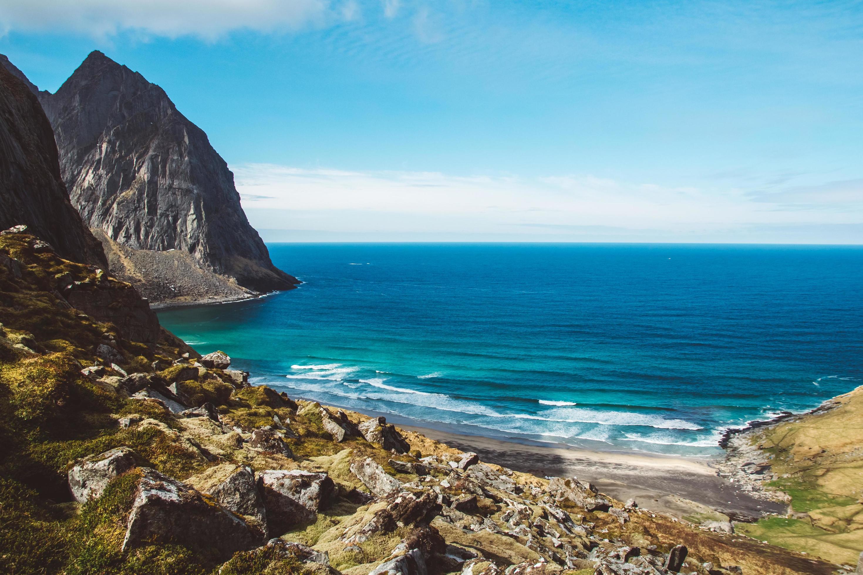 Norway mountains and landscapes on the islands Lofoten. Natural scandinavian landscape. Place for text or advertising Stock Free