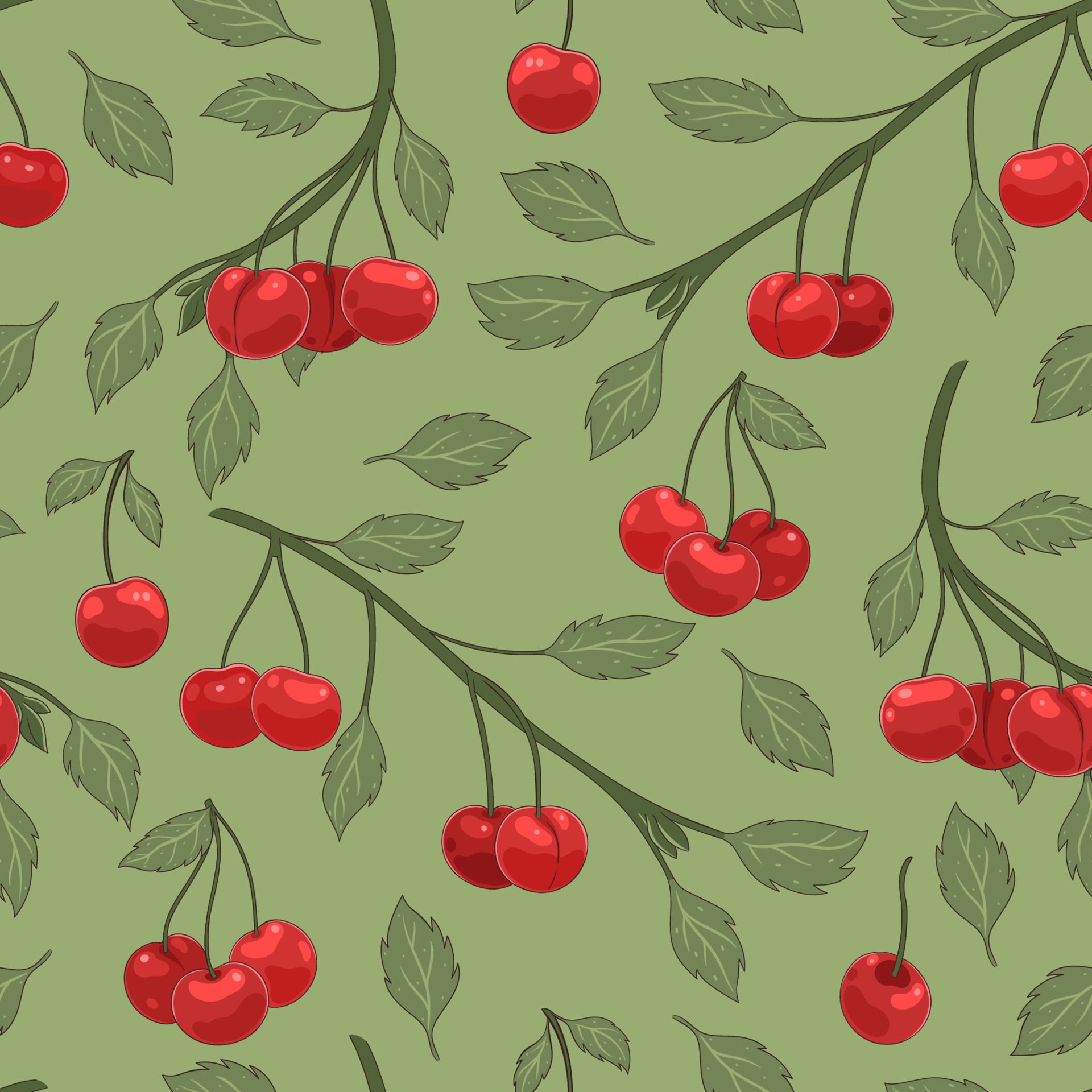 Seamless pattern with cherry branches and berries. Vector graphics. Free Vector