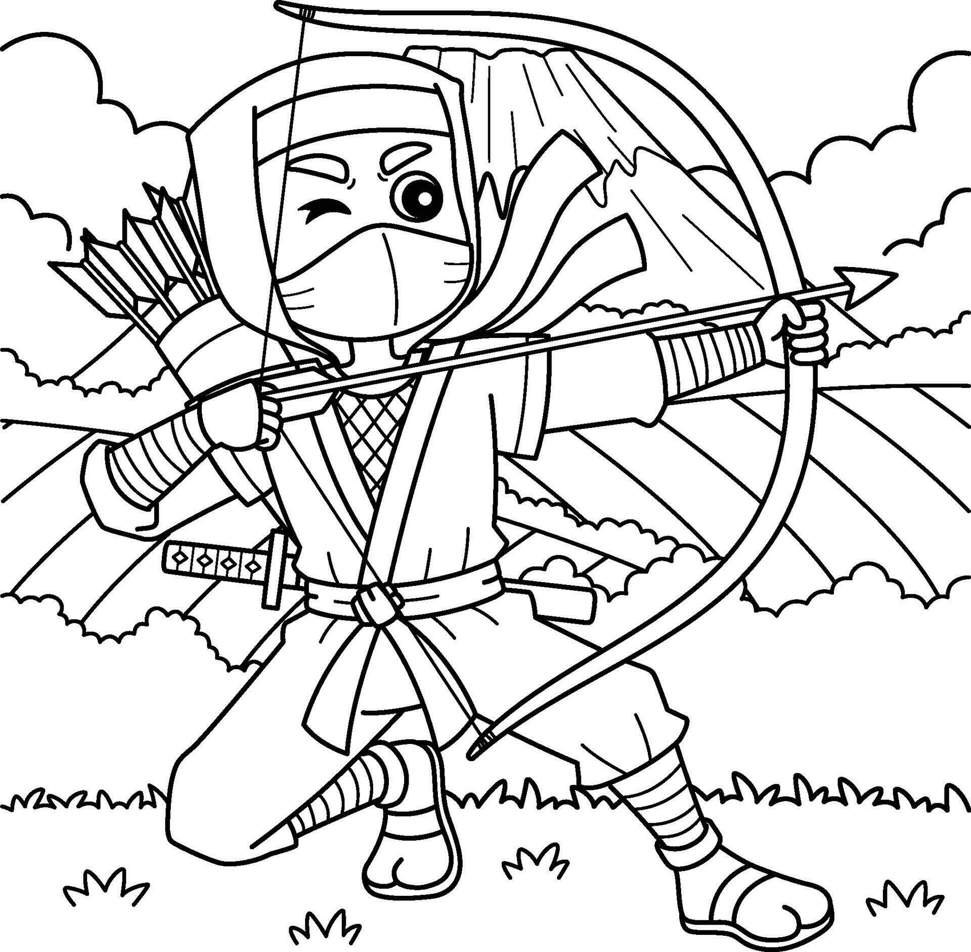 Ninja with Bow and Arrow Coloring Page for Kids Stock Free