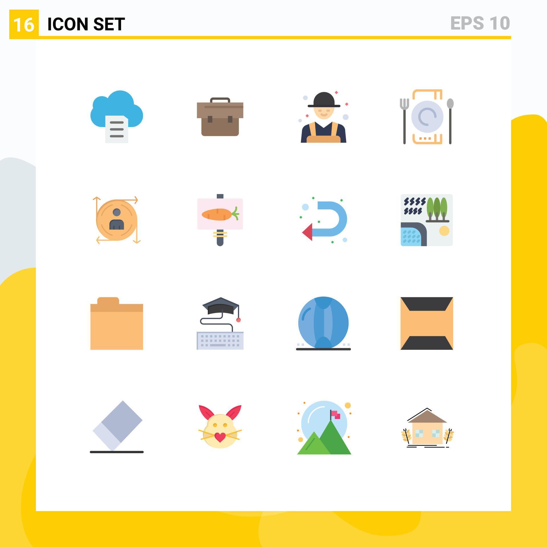 Universal Icon Symbols Group of 16 Modern Flat Colors of arrow user farmer restaurant catering Editable Pack of Creative Vector Design Elements Stock Free