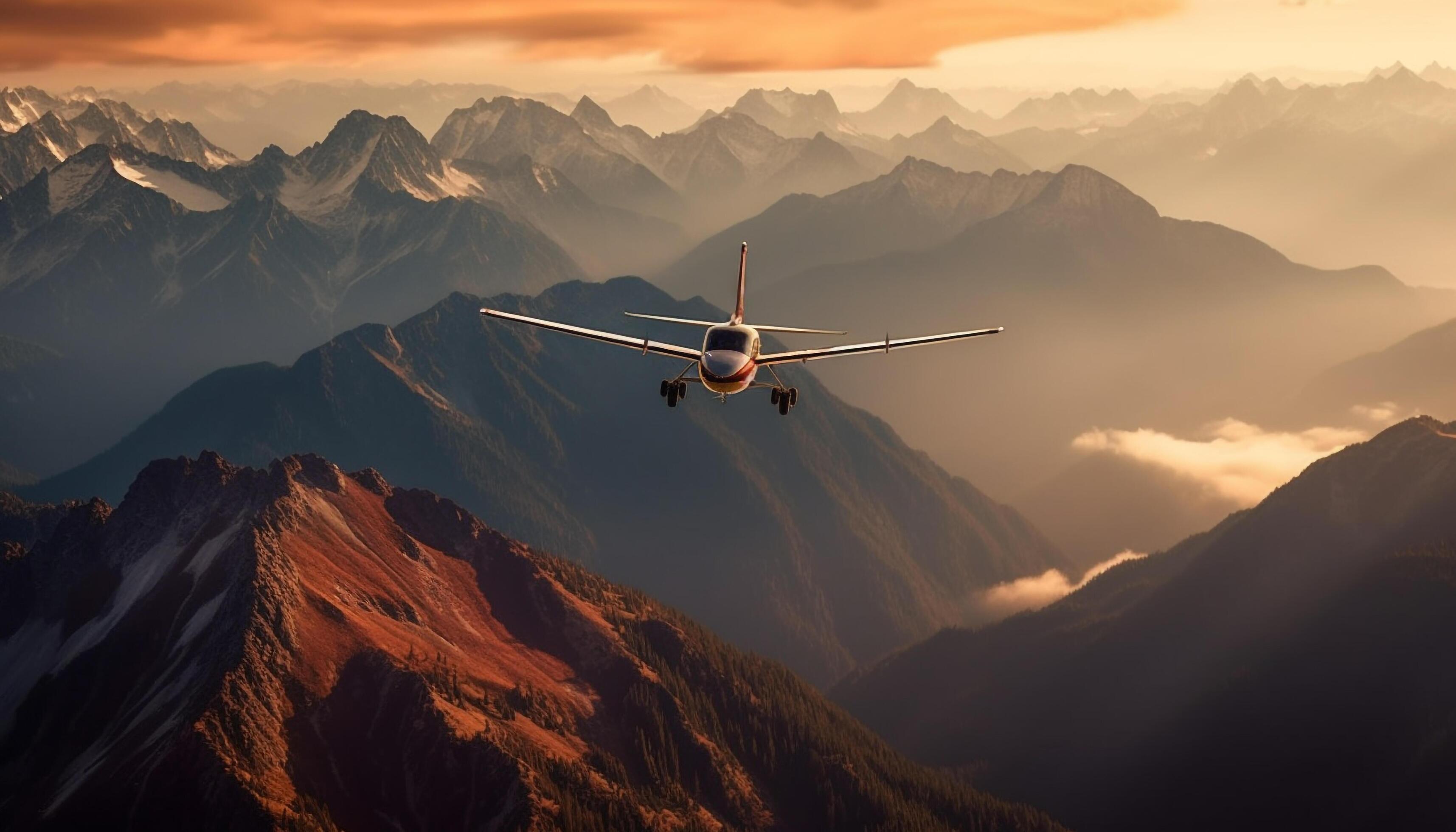 Commercial airplane taking off over mountain range, transporting adventurous tourists generated by AI Stock Free