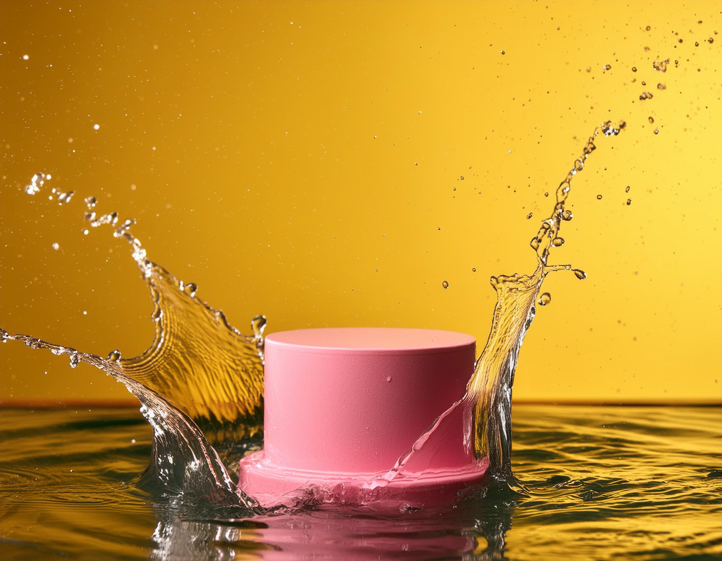 empty pink podium mockup with water splash on a yellow gradient background for product display Stock Free