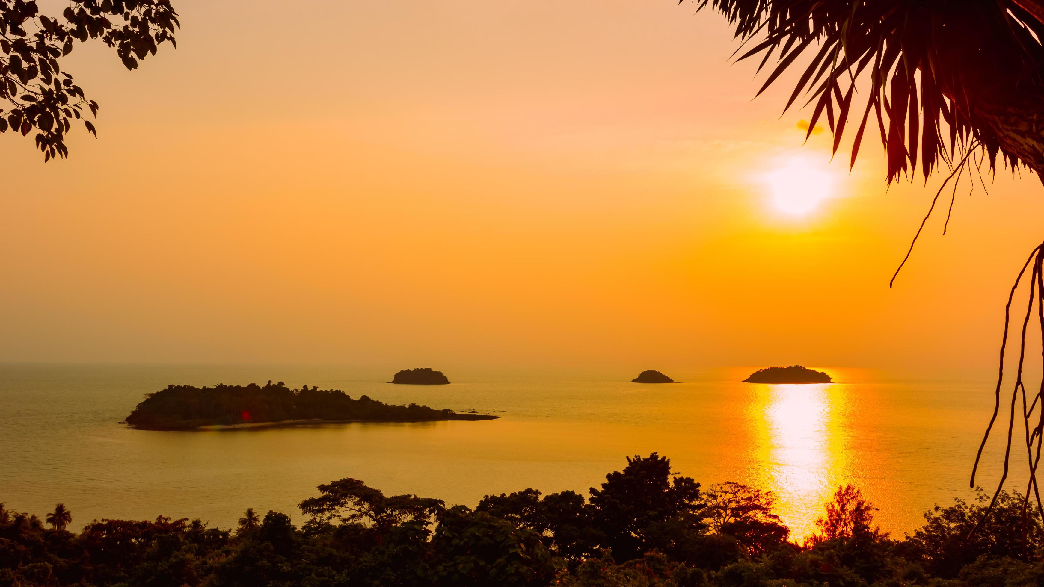 Natural silhouette of a sea view at sunset with trees framed in orange tones, nobody, copy space. Stock Free