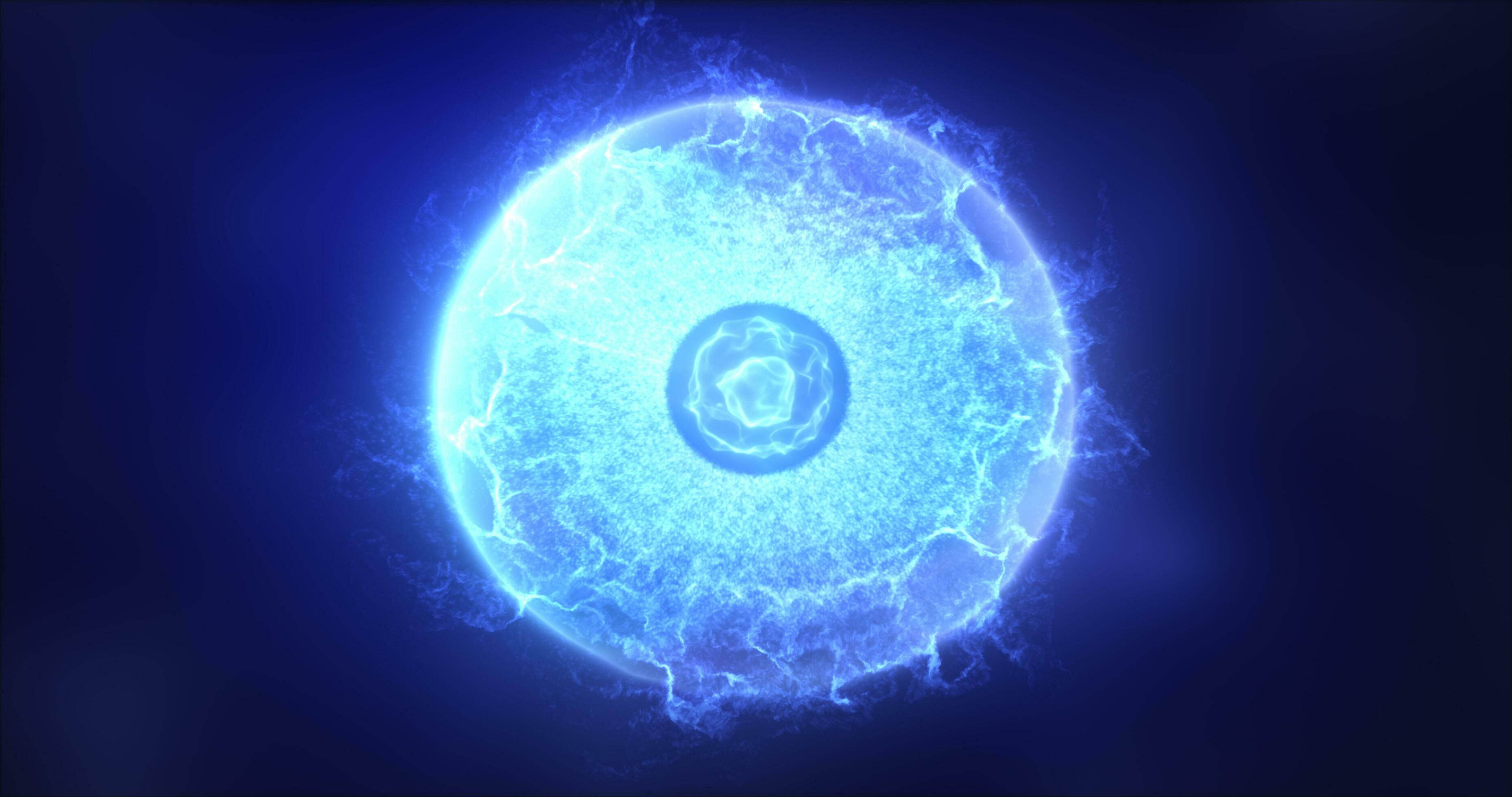 Abstract blue sphere atom with electrons flying glowing bright particles and energy magic field, science futuristic hi-tech background Stock Free