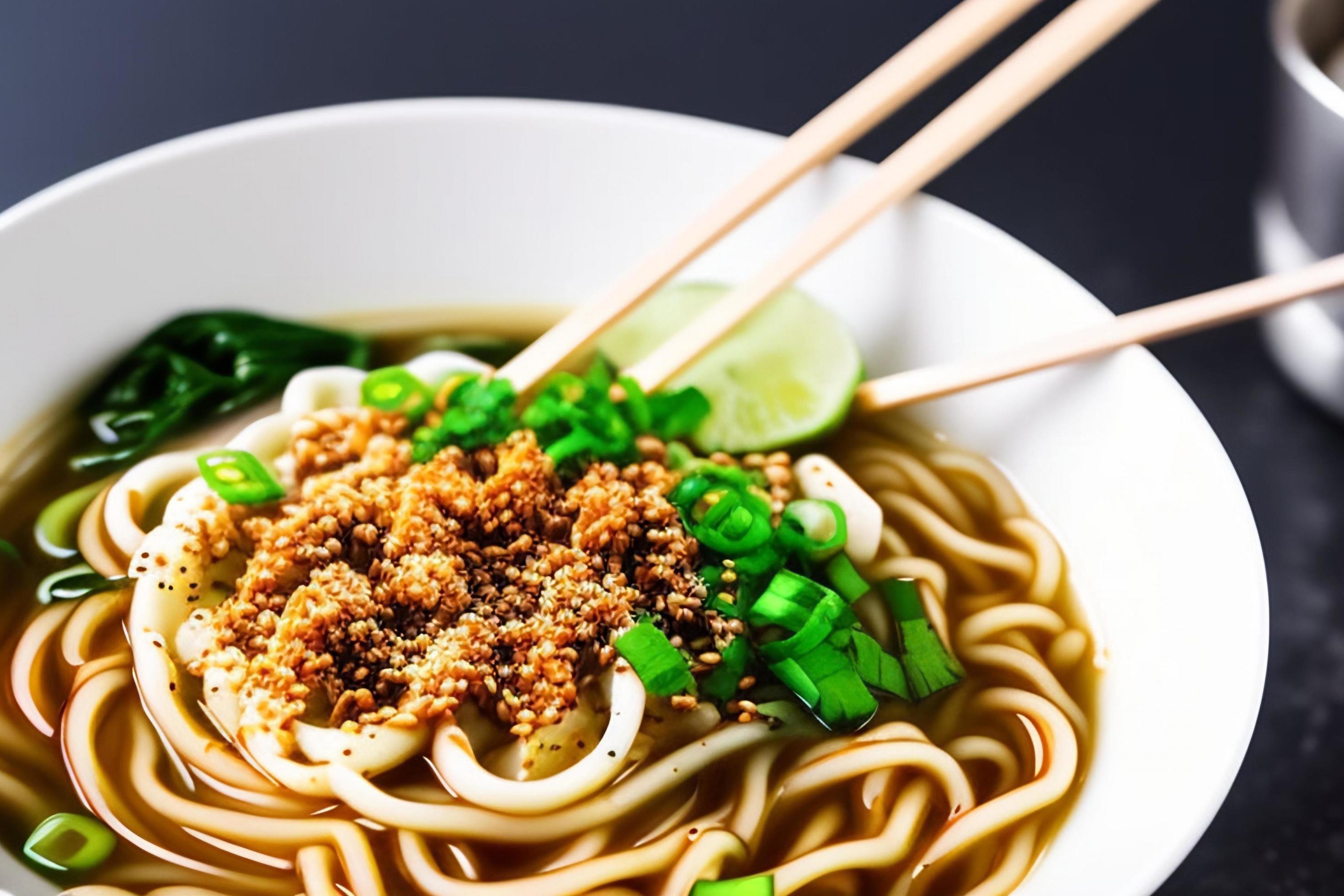 Delicious noodles. Fast food meal with appetizing pasta and chopsticks. Stock Free