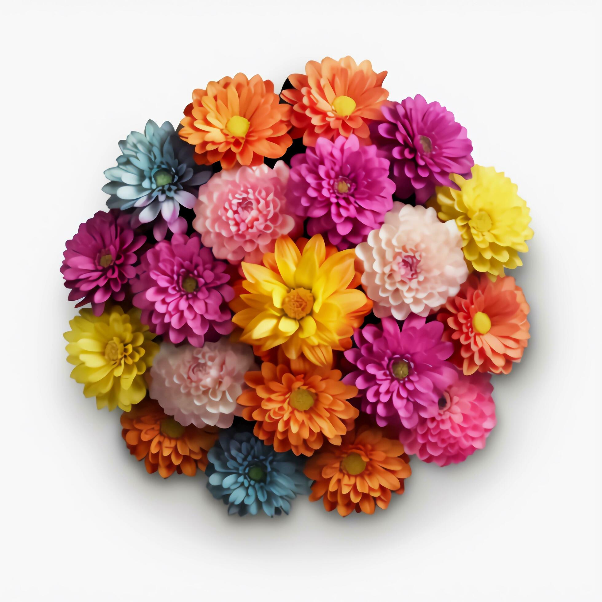 A top view of a bouquet of various colorful flowers. Isolated white background. AI Generated. Stock Free