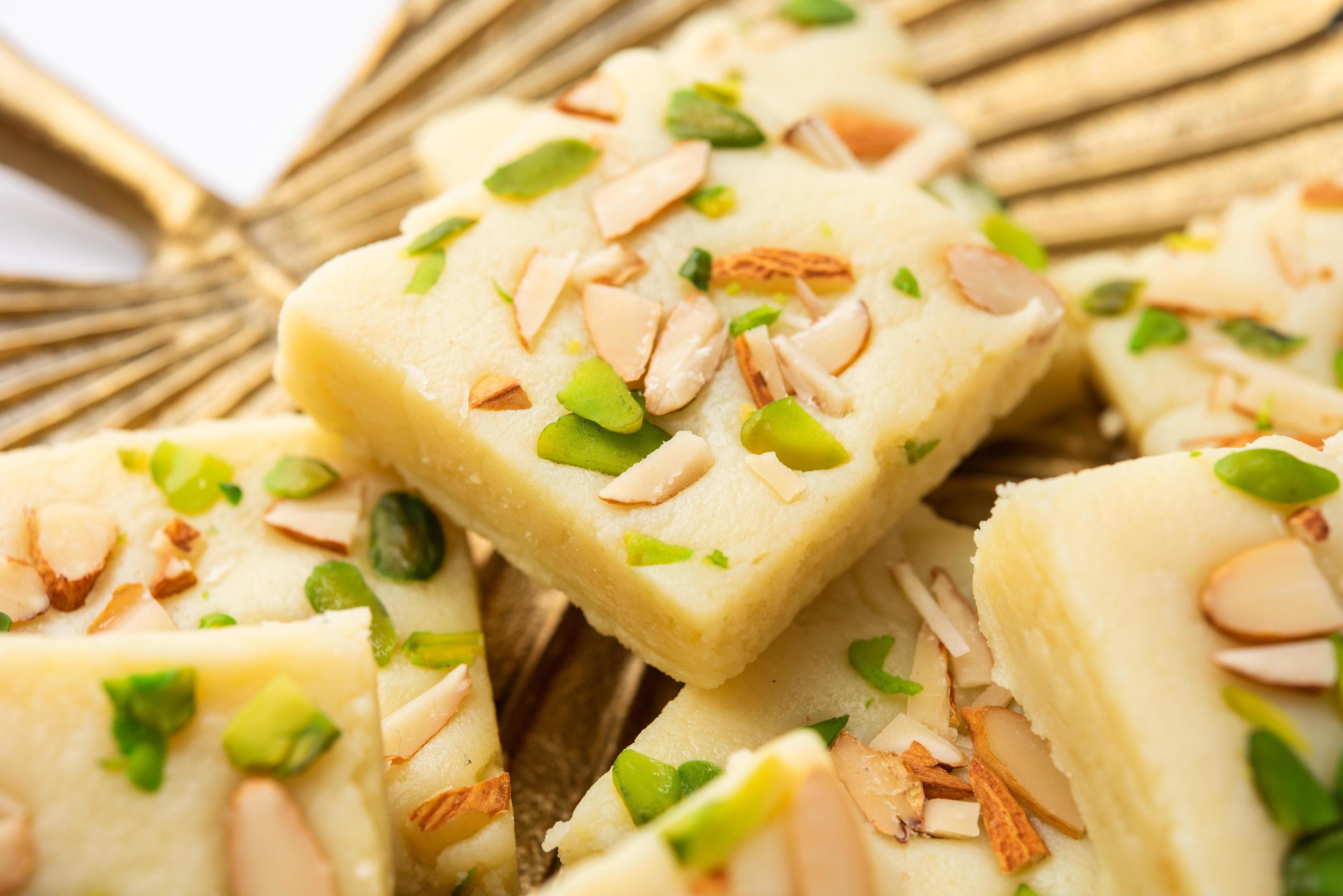 Milk powder barfi also known as Mava burfi, white Khoya burfi or Barfee, Indian Sweet food Stock Free