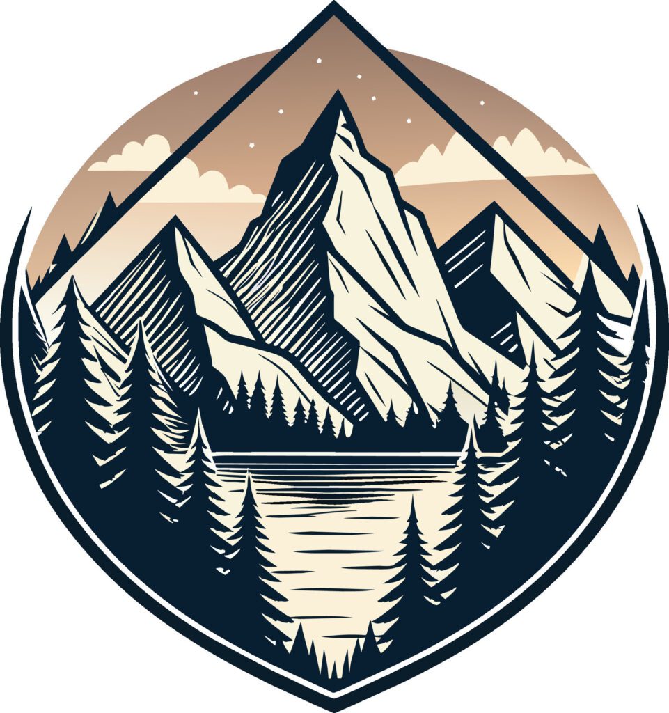 Mountain and lake emblem in retro style on a white background. Free Vector