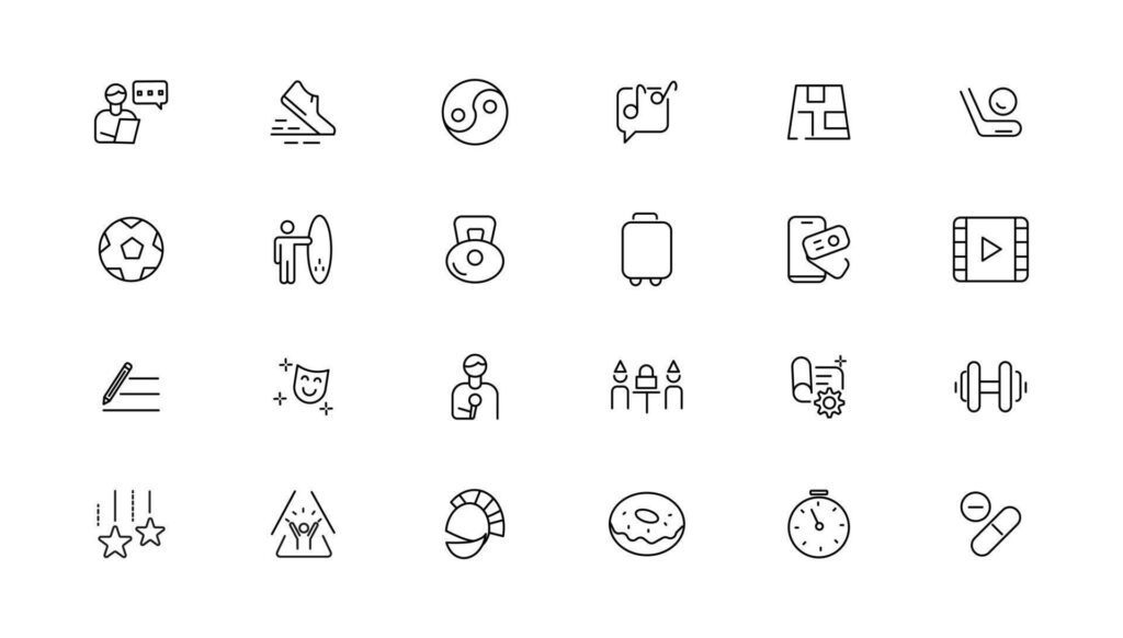 
									Hobby and recreation linear icons collection.Set of thin line web icon set, simple outline icons collection, Pixel Perfect icons, Stock Free