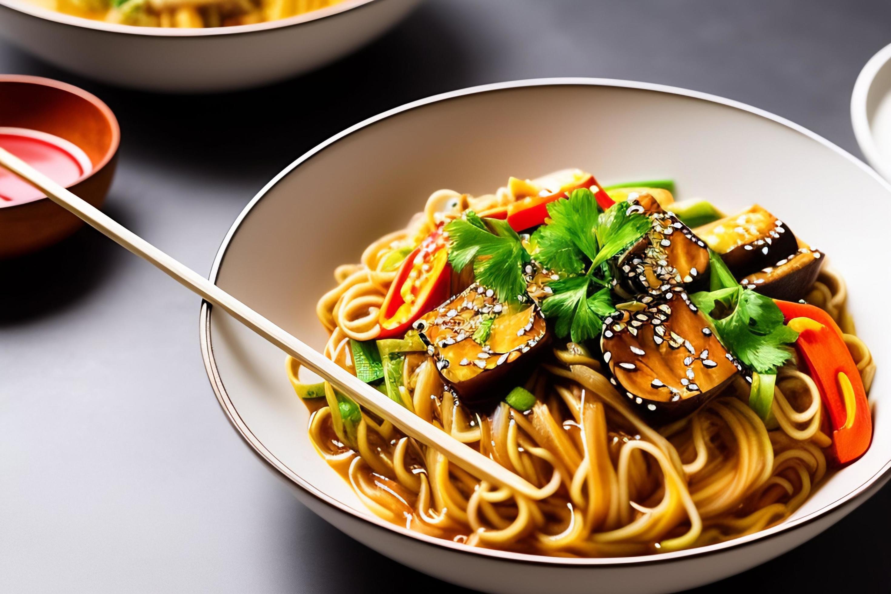 Delicious noodles. Fast food meal with appetizing pasta and chopsticks. Stock Free