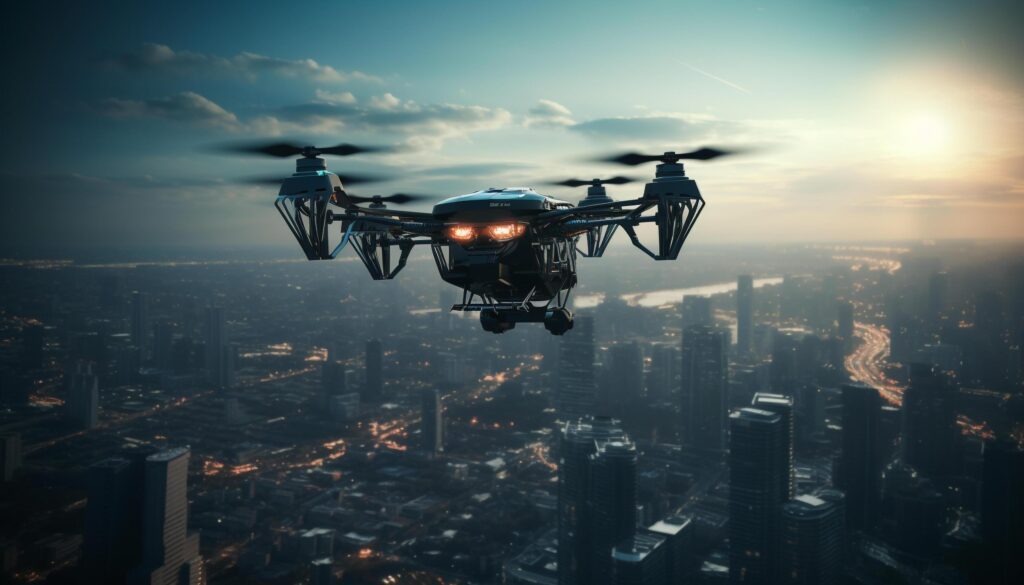 Futuristic drone hovers mid air, filming cityscape generated by AI Stock Free