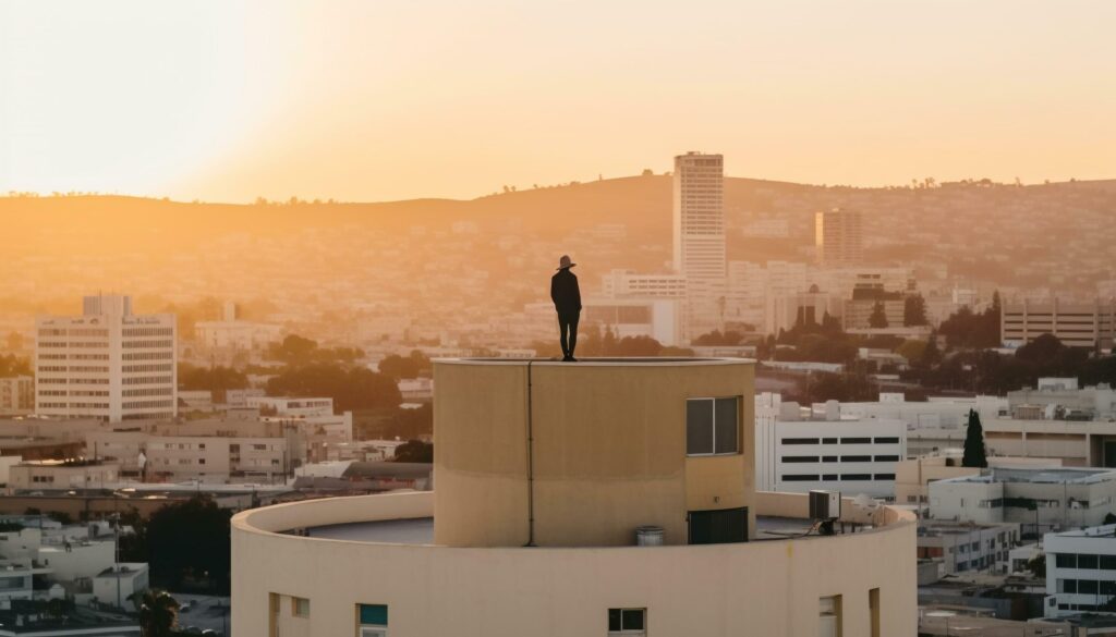 One businessman standing on roof, looking at city skyline generated by AI Stock Free