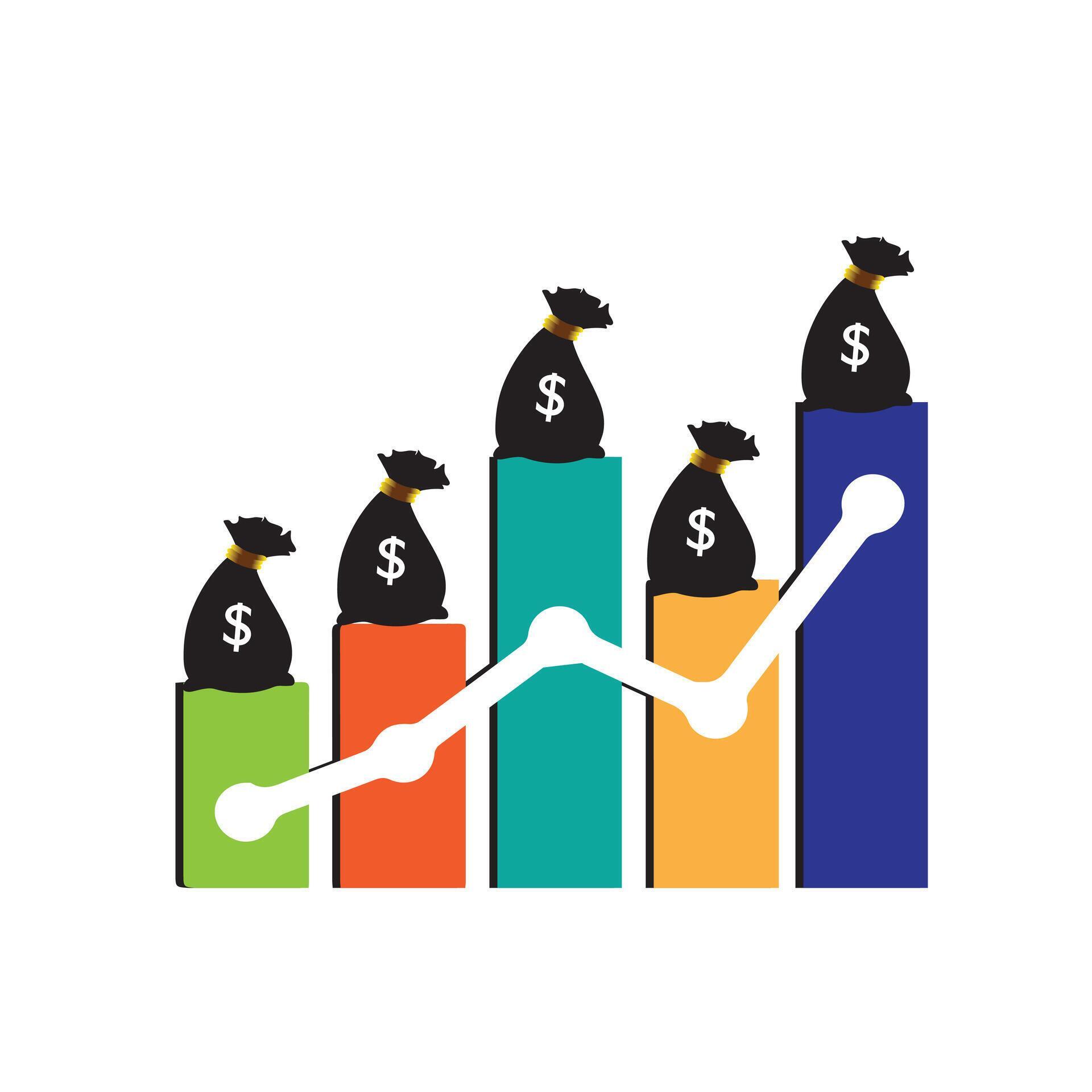 Money bag chart increase, business graph arrow up growth investment. Chart finance income increase growing. vector illustration flat design. Stock Free