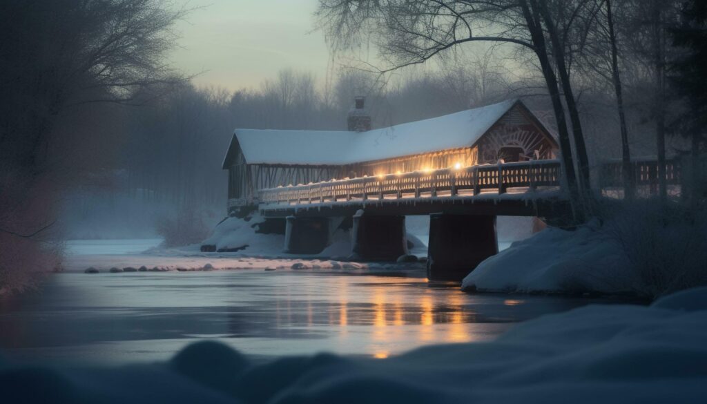 Winter night, tranquil scene, snow covered tree generative AI Stock Free