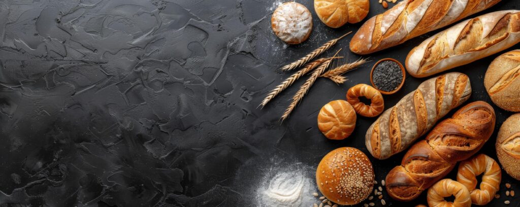 Freshly Baked Bread and Pastries Arranged on a Black Background Stock Free