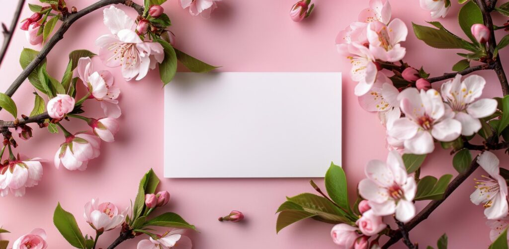 Pink Flowers and a Blank White Card on a Pink Background Stock Free