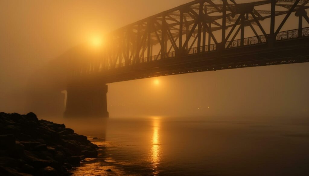 Silhouette of man made bridge reflects tranquil sunset over waters edge generated by AI Stock Free